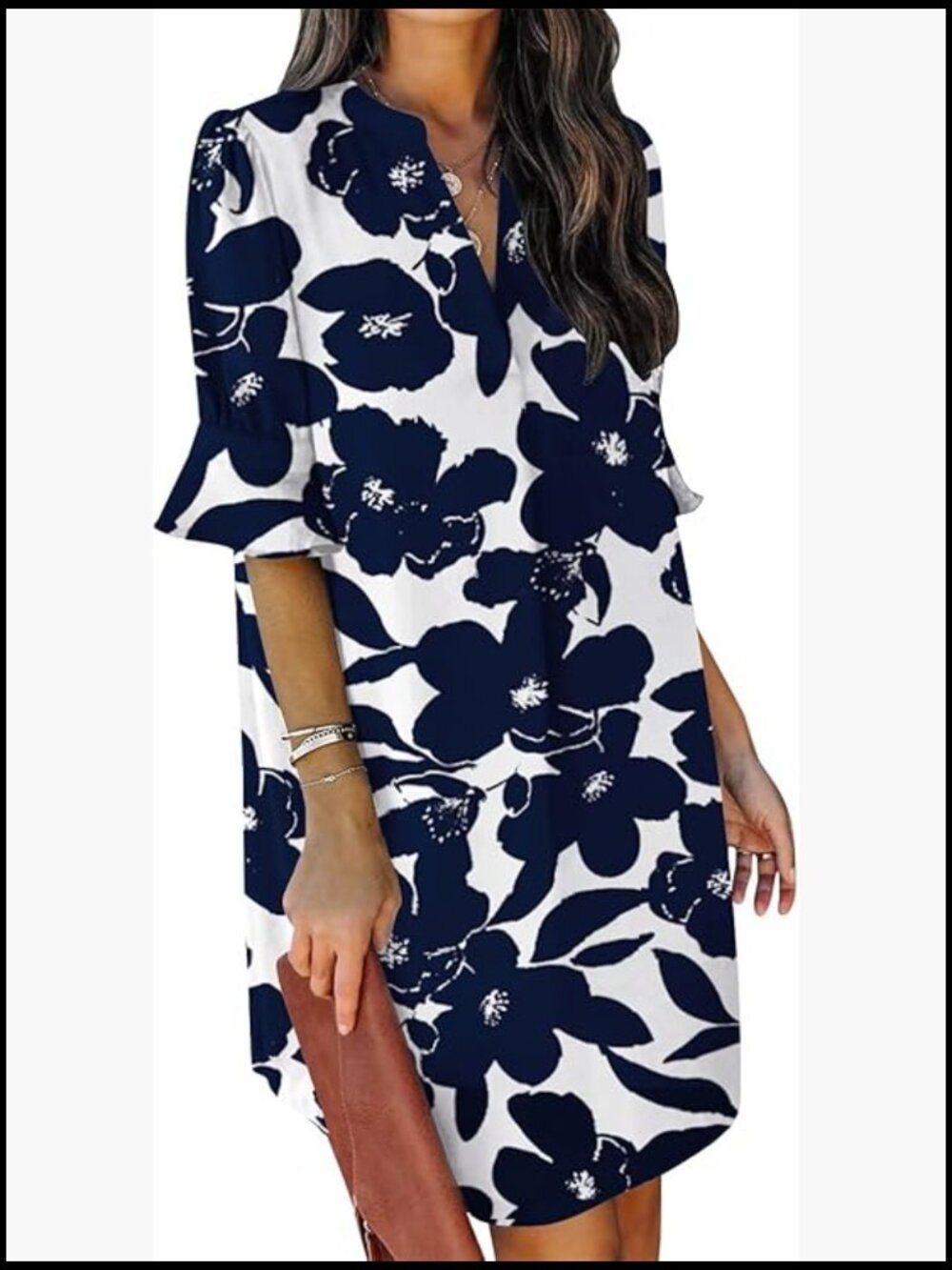 Polyester V-Neck Ruffle Casual Shift Dress